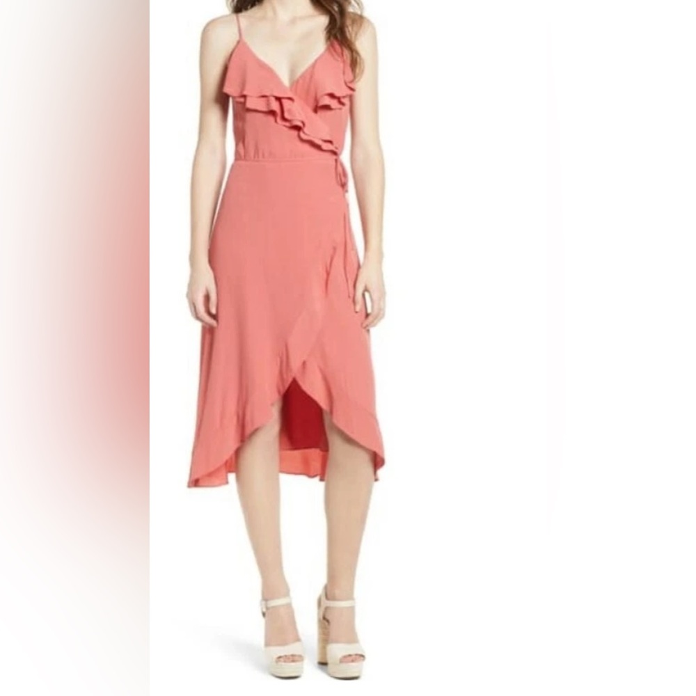 Leith Coral Wrap New Spaghetti  Straps Asymmetrical Ruffled Sundress M